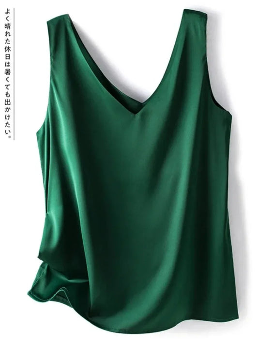 Woman T-shirts Elegant SILK Satin Blouse Sleeveless Female Summer 2024 Casual Loose Tanks and Camis Solid Green Tops for Women