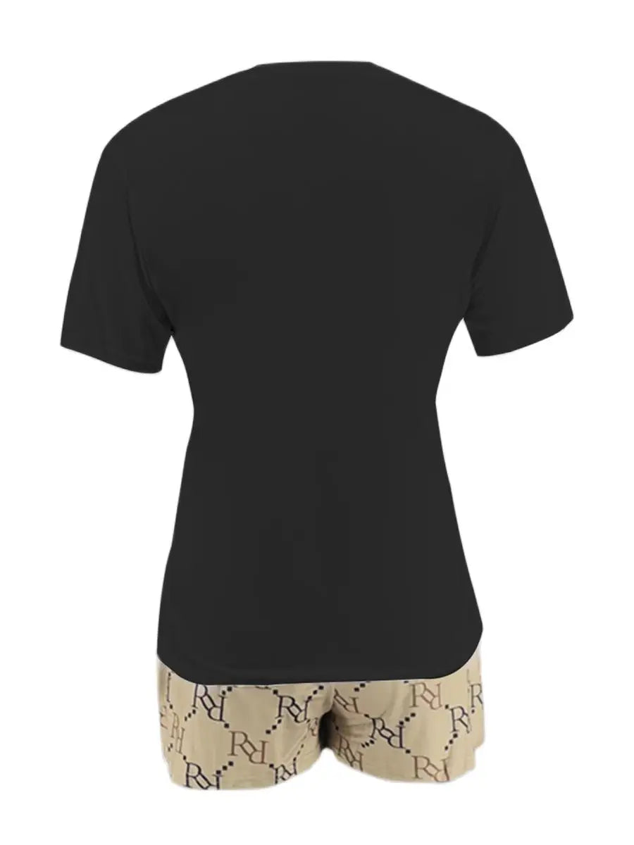 LW Geometric Bear Print Shorts Set O Neck Short Sleeve Basic T-shirt+Mixed Print Hipster Bottoms Two Pieces Women/Men 2PCs