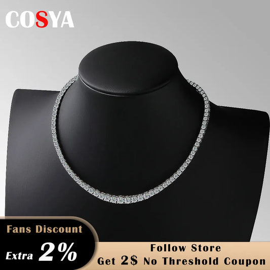 COSYA Full Moissanite Tennis Necklace For Women 925 Sterling Silver Plated 18k White Gold