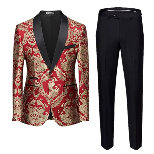 New Men Jacquard Suit 2 Piece Black / Blue / Red Fashion Men's Luxury Business Wedding Prom Party Dress Blazer
