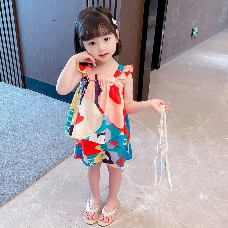 Summer Baby Girls Clothing Sets Suspender Top Color Matching Floral Vest + Children'S Casual Pants Little Kids Clothes Suit