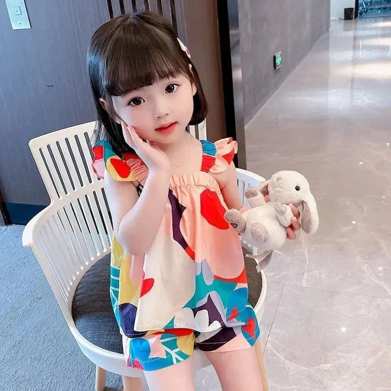 Summer Baby Girls Clothing Sets Suspender Top Color Matching Floral Vest + Children'S Casual Pants Little Kids Clothes Suit