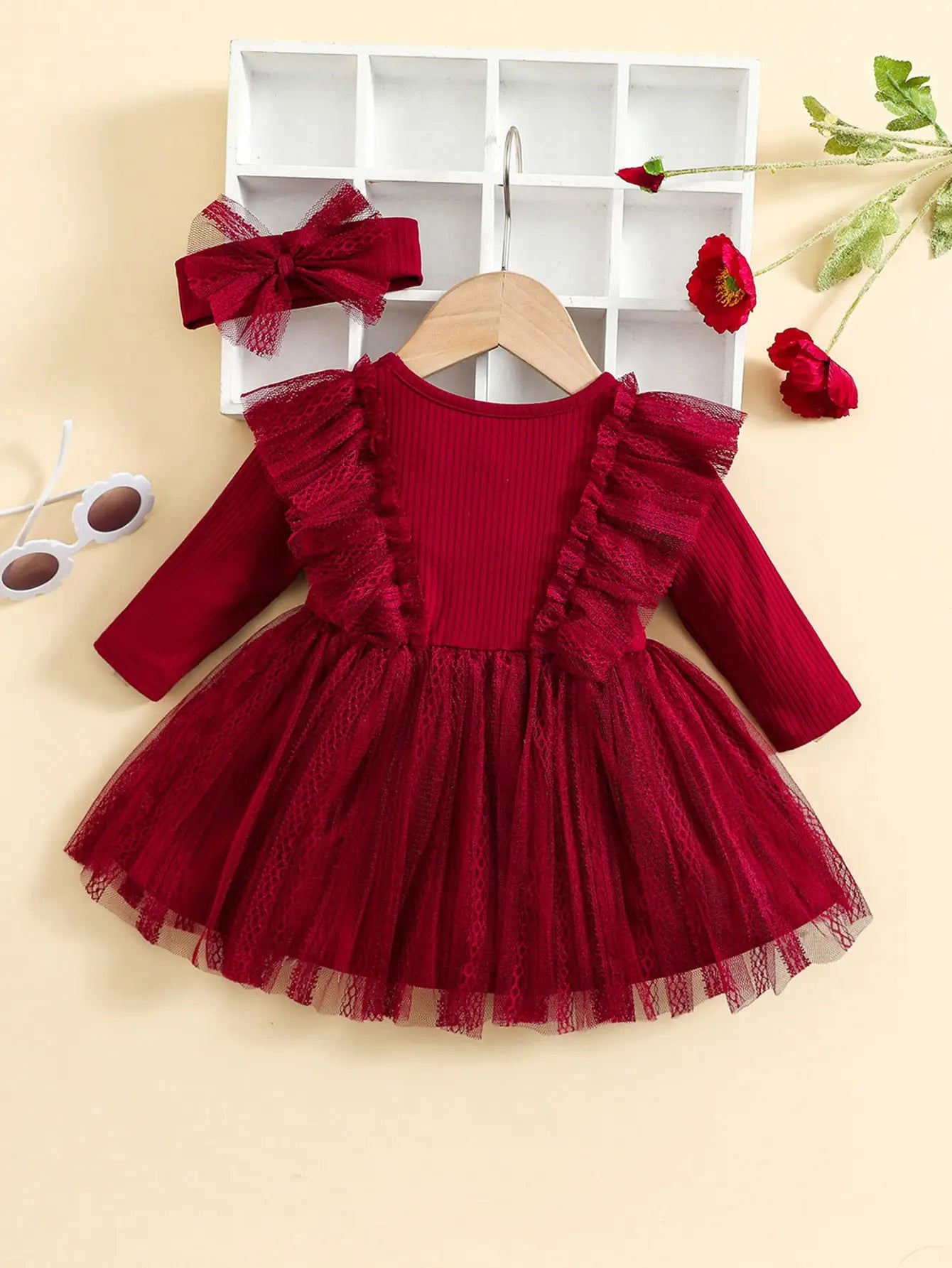 Two-Piece Baby Girl Romantic Small Flying Sleeve Long Sleeve Ruffled Mesh Dress + Bow Headscarf Spring And Autumn