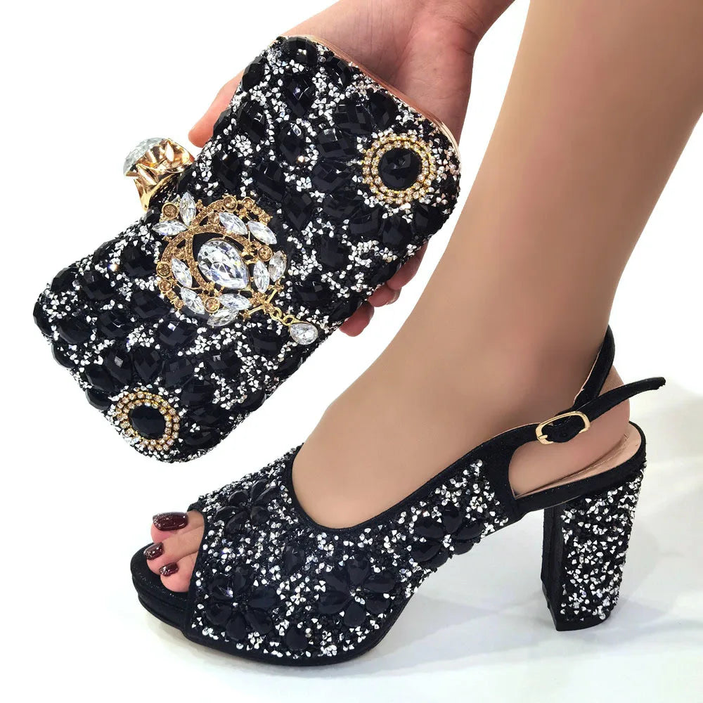 New Shoe and Matching Bag for Nigeria Party Slip on Shoes for Women Ladies Italian Shoes and Bag Set Decorated with Rhinestone