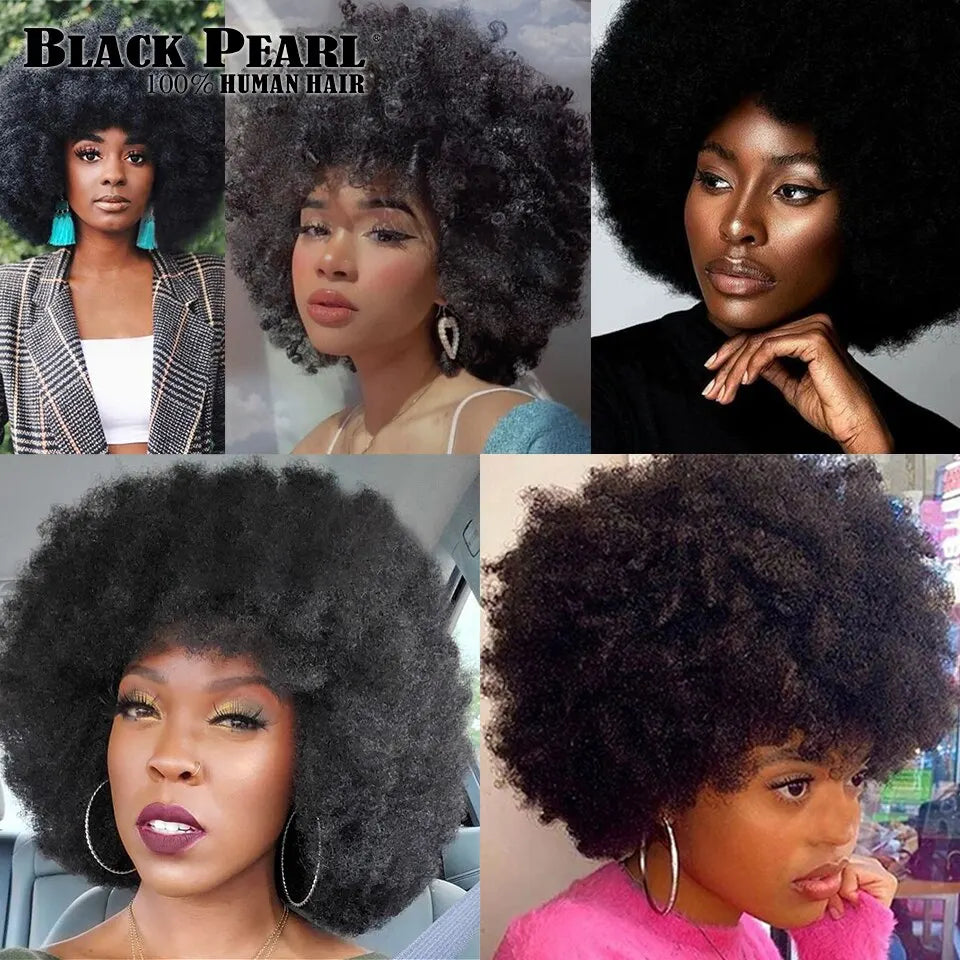 Fluffy Remy Short Afro Kinky Curly Wave Human Hair Wig With Thick Bangs Short Bob Wig Brazilian Human Hair Wigs For Black Women