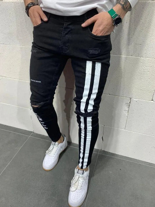 New Fashion Streetwear Men Jeans Vintage Blue Color Thin Destroyed Ripped