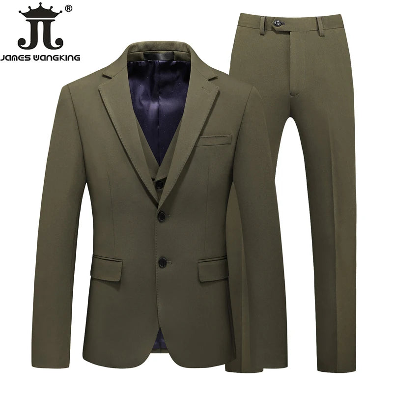 7 Colors ( Blazer + Vest + Pants) Luxury High-end Brand Solid Color Formal Business Men's Suit