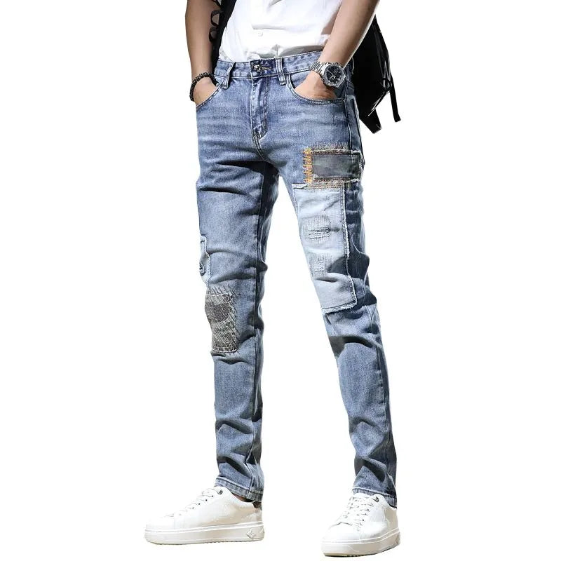 Men Stylish Ripped Jeans Pants Slim Straight Frayed Denim Clothes