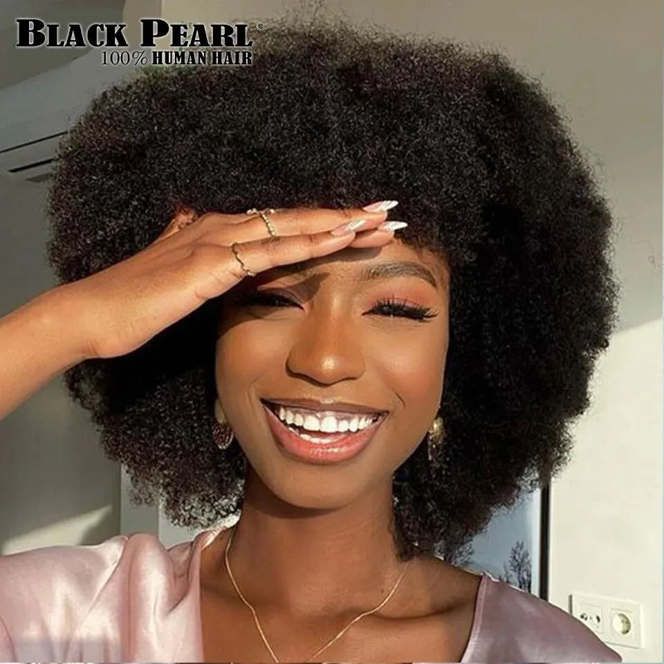 Fluffy Remy Short Afro Kinky Curly Wave Human Hair Wig With Thick Bangs Short Bob Wig Brazilian Human Hair Wigs For Black Women