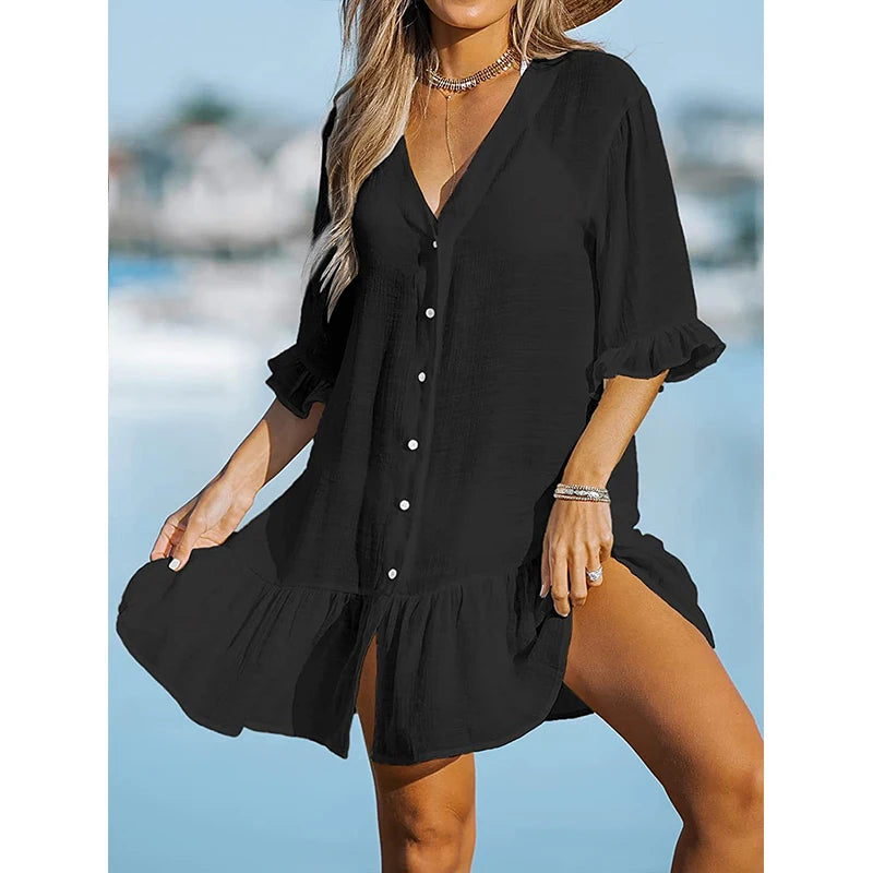Cover Up Women Dress Solid Color Lightweight Long Sleeve Bikini Shirt Dress Summer