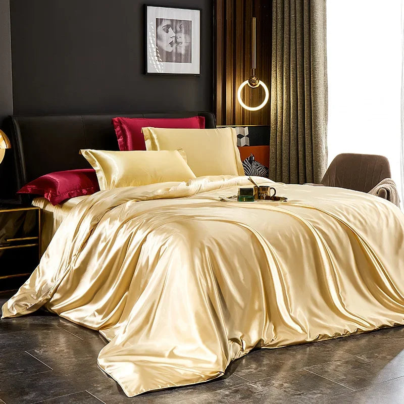 Solid Silk Bedding Set with Duvet Cover Bed Sheet Pillowcases Luxury Satin Single Double Bedsheet King Queen Twin Size