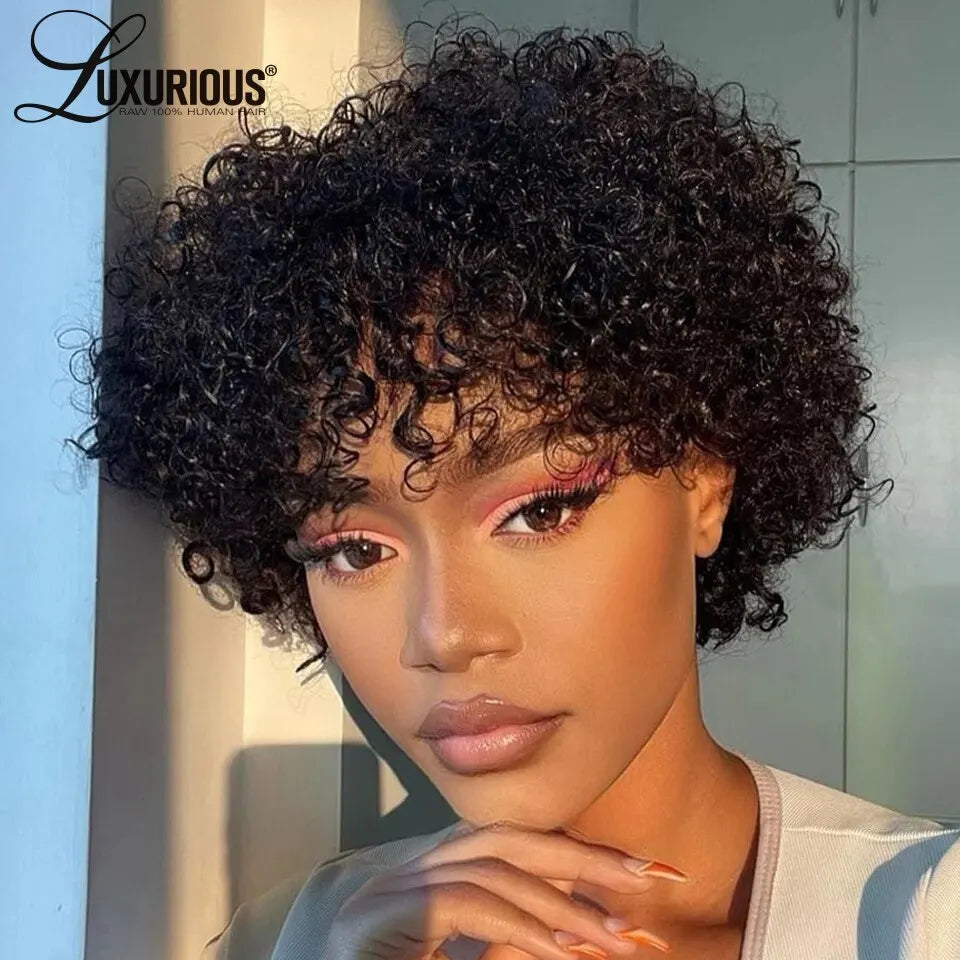 Brazilian Curly Human Hair Wigs With Bang Short Pixie Cut Bob Wig 150% Density Full Machine Made Wigs For Women