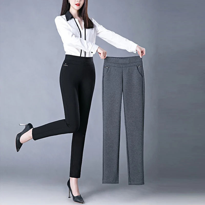 Spring Winter Elegant High Waist Casual Stretch Slim Middle Aged Women Trousers Ladies Fashion All Match Black Gray Pencil Pants