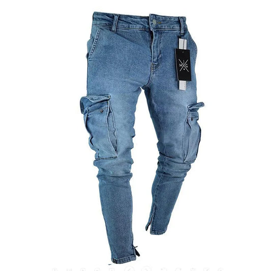 Mens Stretchy Skinny Ripped Jeans Men Side Pocket Washed Slim Denim Pants Biker Jeans Fashion Sweatpants Hip Hop Trousers Jogger