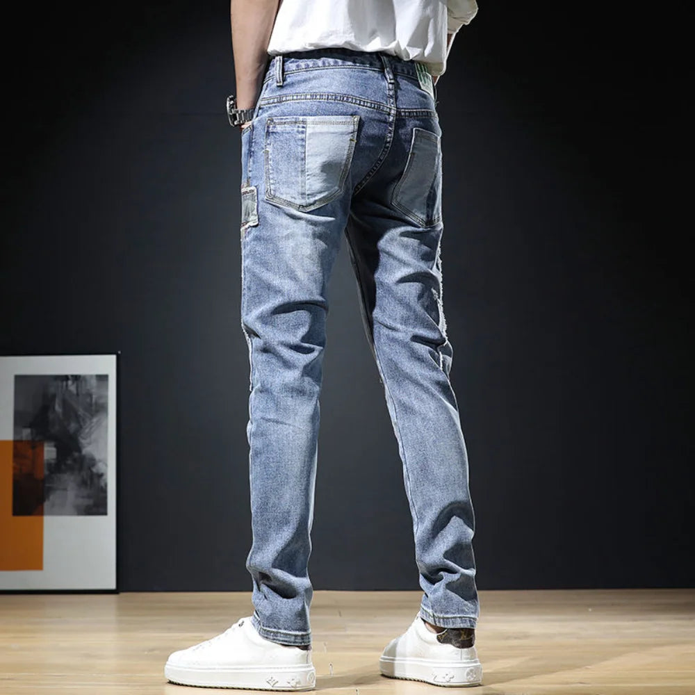 Men Stylish Ripped Jeans Pants Slim Straight Frayed Denim Clothes