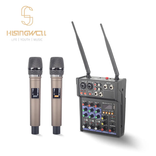 HISINGWELL Four-Channel Audio Dj Mixer with UHF Wireless Microphone, Bluetooth, USB and 48V Phantom Power. Suitable Recording