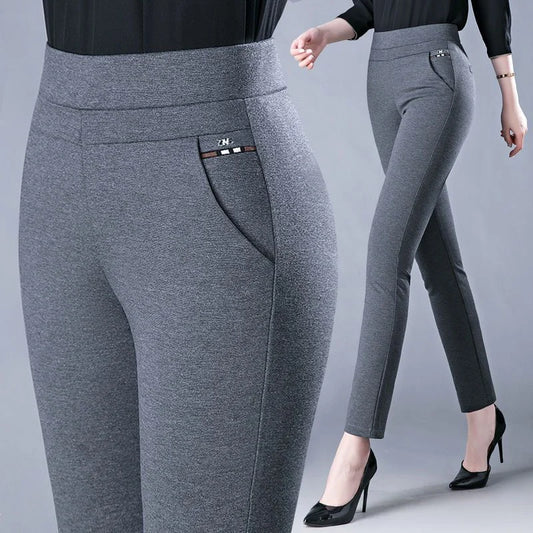 Spring Winter Elegant High Waist Casual Stretch Slim Middle Aged Women Trousers Ladies Fashion All Match Black Gray Pencil Pants