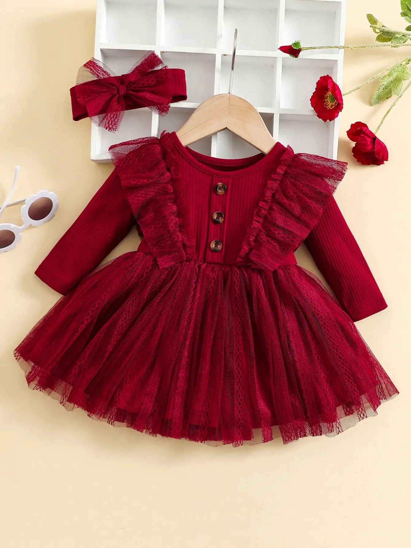 Two-Piece Baby Girl Romantic Small Flying Sleeve Long Sleeve Ruffled Mesh Dress + Bow Headscarf Spring And Autumn