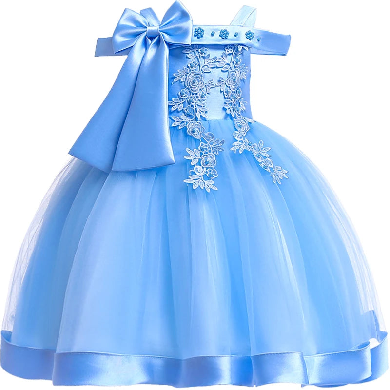 3-10 Years Kids Christmas Party Dresses For Girls Appliques Flower Elegant Wedding Dress With Bow Children Birthday Prom Gown