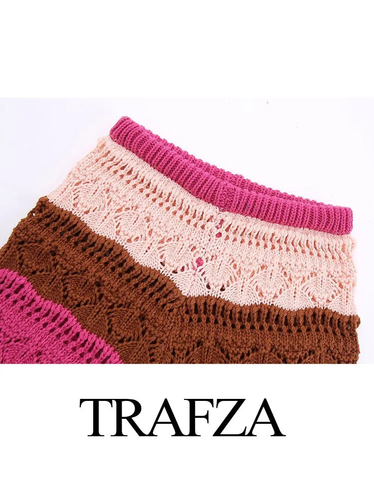 TRAFZA Autumn Women New Knitwear Jacquard Stripe Short Sleeve Sweater+Female Casual Fashion Hollow Out Short Pants 2-Piece Set