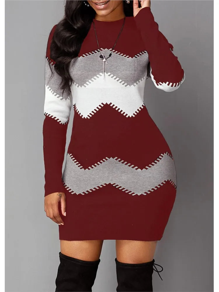 Winter Women Fashion Print Slim Dress Female Long-sleeve O-neck Elegant Bodycon