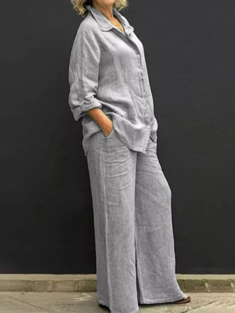 New Women Autumn Linen Lapel Shirt Two Pieces Set Vintage Solid Long Sleeve Button Blouse and Loose Straight Pants Casual Suits
