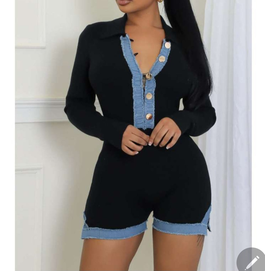 Denim Knit Patchwork Buckle Shirt Rompers