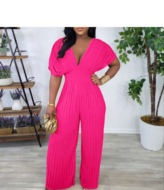 Ruched V Neck Backless Wide Leg Jumpsuits