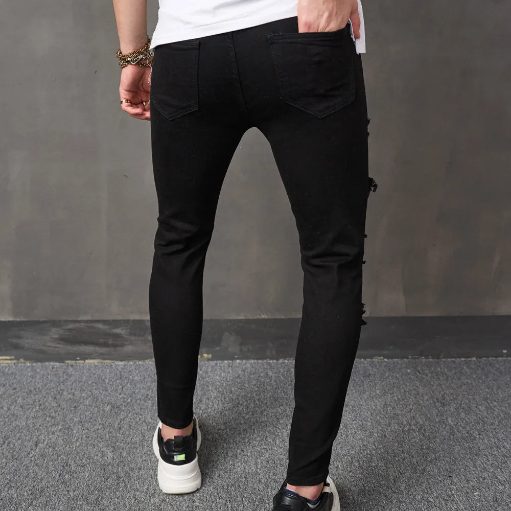 Men New Streetwear Ripped Patch Slim Jeans Trousers Stylish Male Holes Casual Pencil Denim Pants