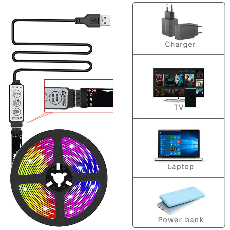 RGB 5050 Strip Led Lights for TV 3 Key Control USB 5V Led Tape for TV Backlight Home Party Decoration Flexible Ribbon