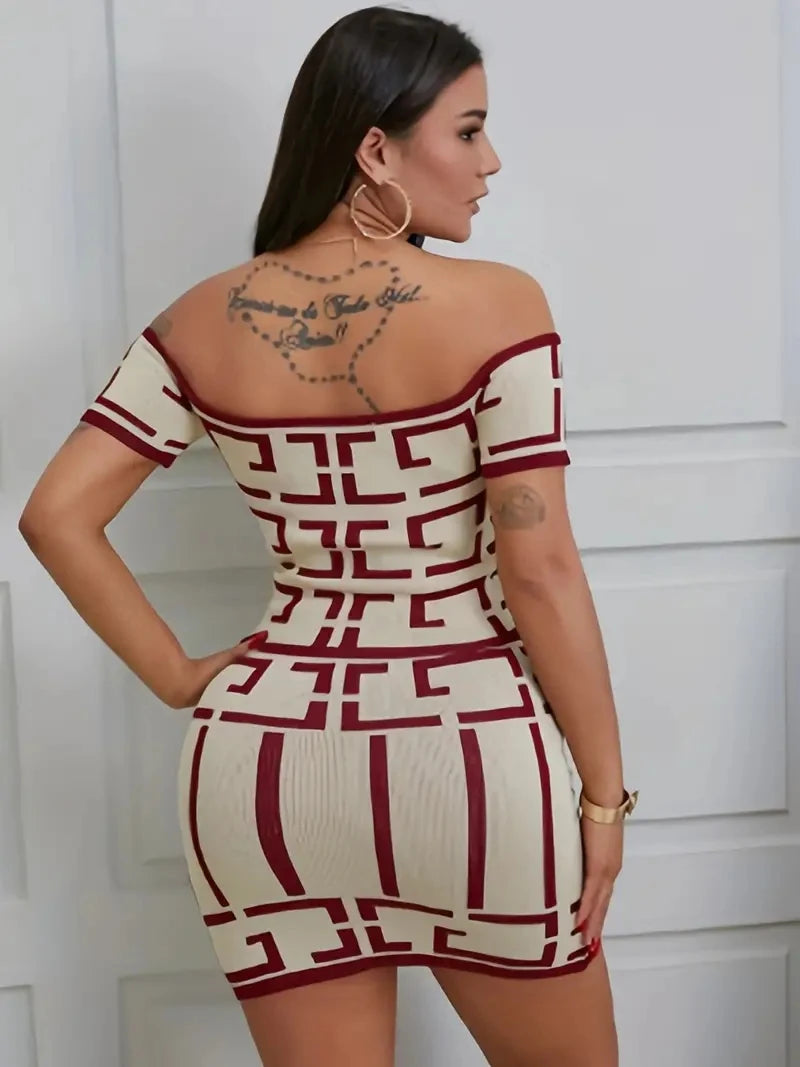 Sexy Geometric Print Two-piece Set Off Shoulder Short Sleeve Top High Waist Slim Skirt Outfits Women's Clothing