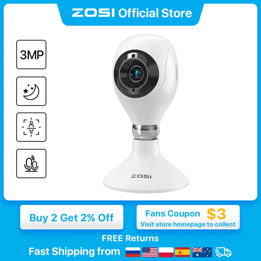 ZOSI 2K Indoor WiFi Home Security Camera with 2-Way Audio Cloud & SD Card Storage 3MP HD Smart Baby