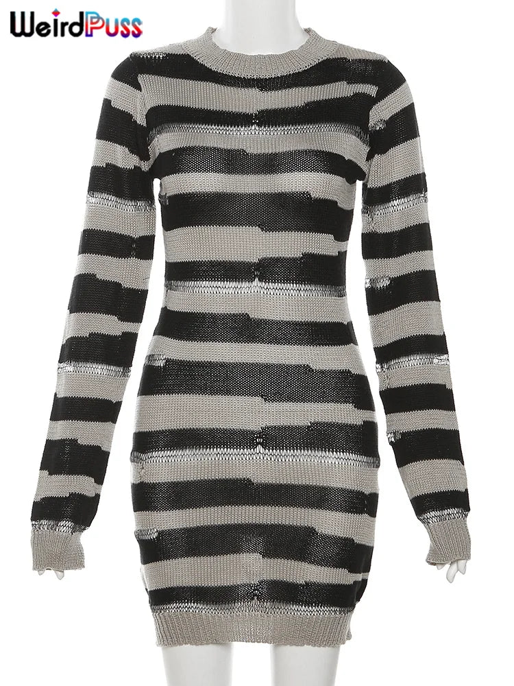 Weird Puss Knit Striped Dress Women Autumn Trend Ripped Long Sleeve o-Neck Sweater Bodycon