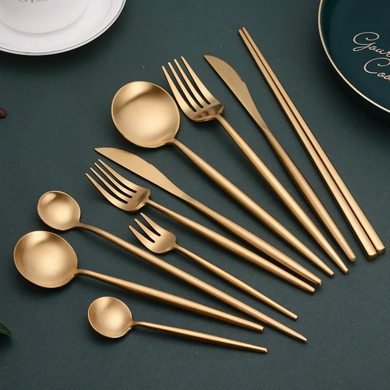 Gift Box Luxury Copper stainless steel cutlery set rose gold flatware spoon and fork knifes 18/8 Chopsticks Set Dropshipping