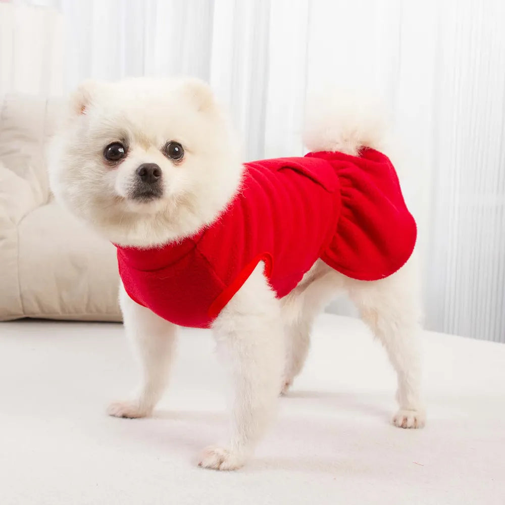 Solid Color High Collar Fleece Pet Dress Pullover For Small Dogs Princess Dress Classic Pockets Hook Dog Clothes Pet Supplies