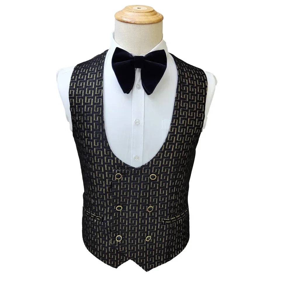 Black and White Men's Suit 3-piece Gold Palace Print Road Wedding