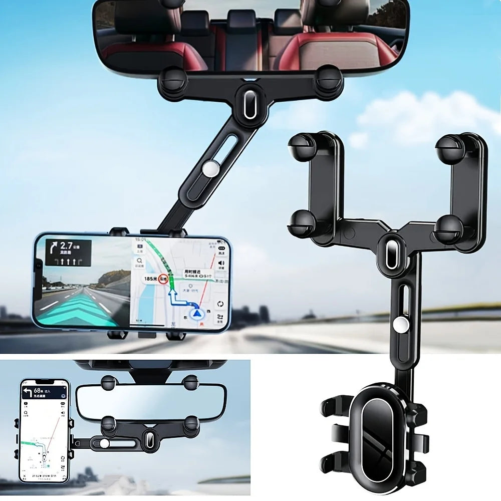 360° Car Rearview Mirror Mobile Phone Holder For Car Rotation & Adjustable Telescopic Multifunctional Phone Car Bracket Stands