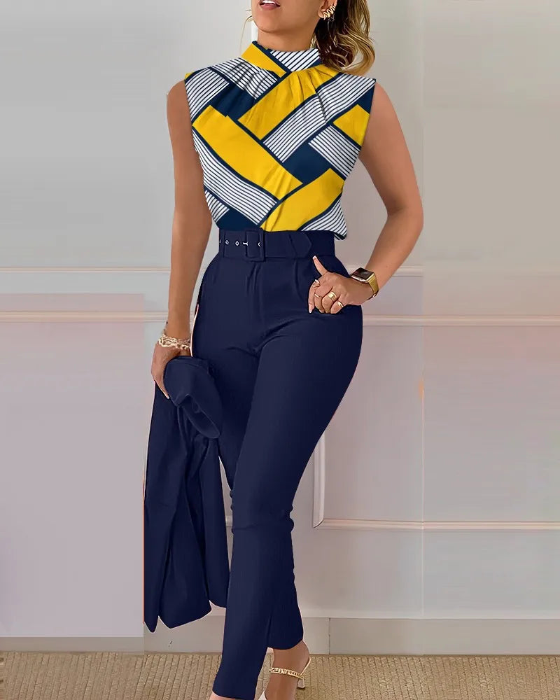 Office Elegant Sleeveless Print Shirt And Pant Set Casual Fashion O-neck Slim Pants Two Piece Set Summer Outfits For Women 2023