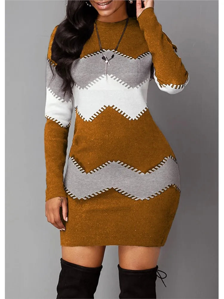 Winter Women Fashion Print Slim Dress Female Long-sleeve O-neck Elegant Bodycon