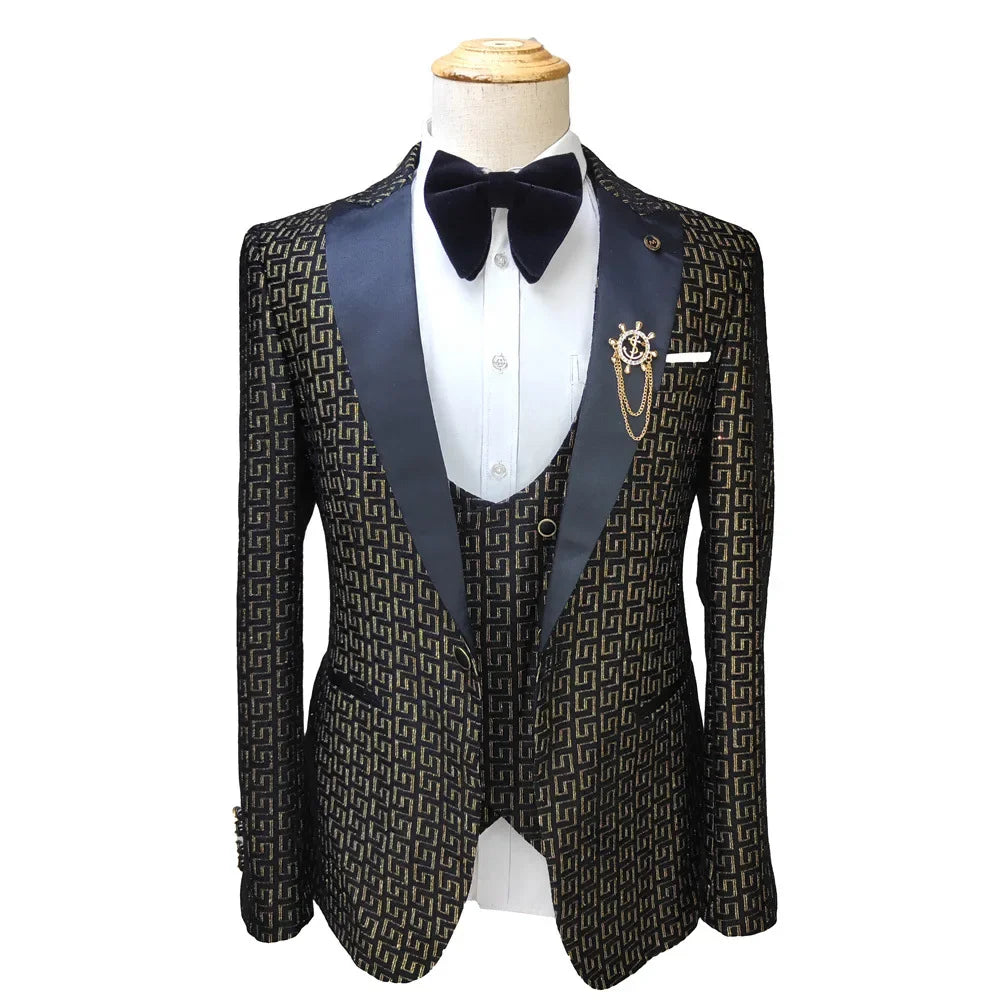 Black and White Men's Suit 3-piece Gold Palace Print Road Wedding