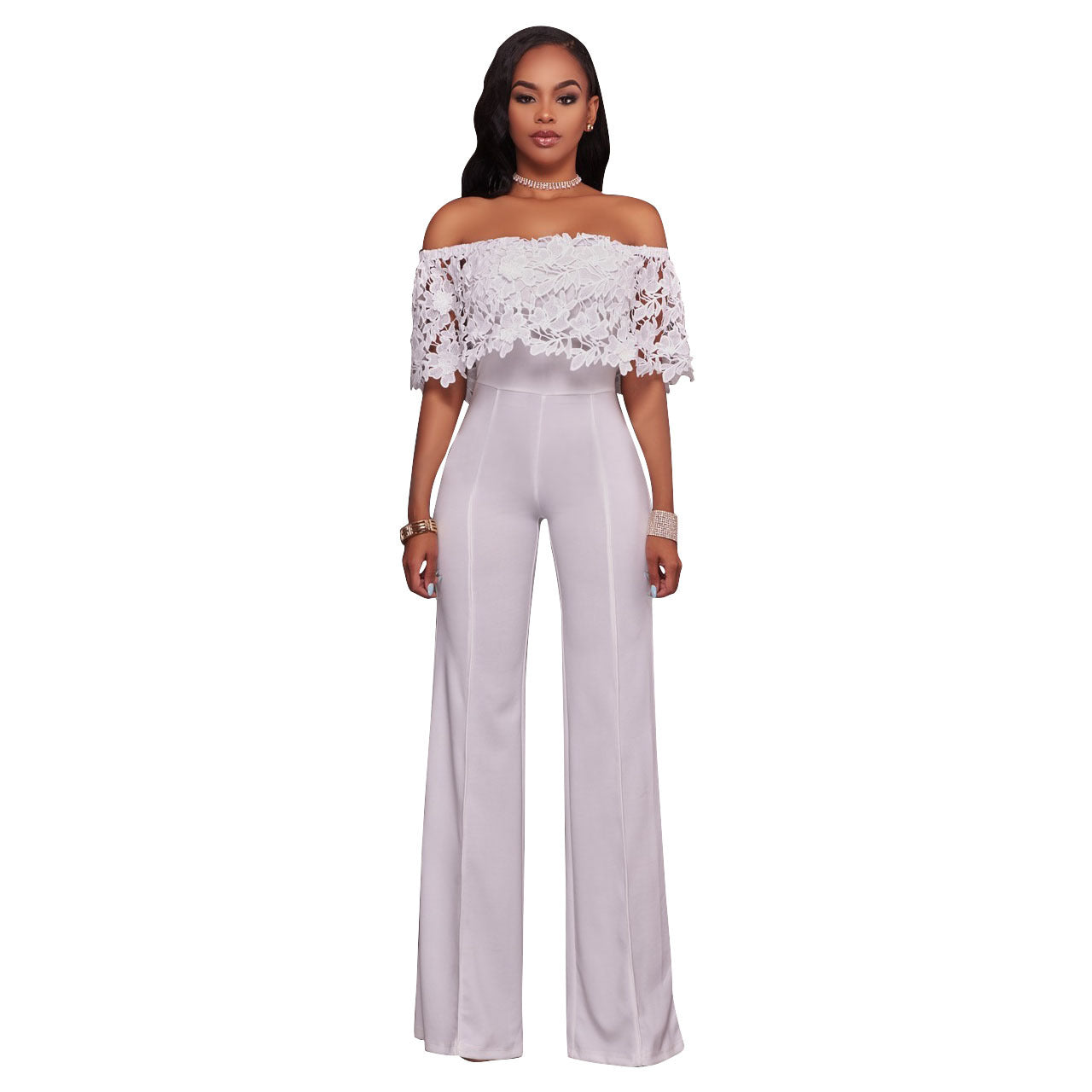 Tight One-neck Water-soluble Embroidered Jumpsuit